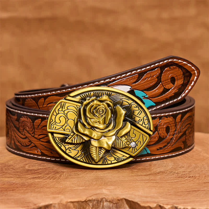 Men's DIY Bronze Rose Hidden Folding Knife Leather Belt - Image 10