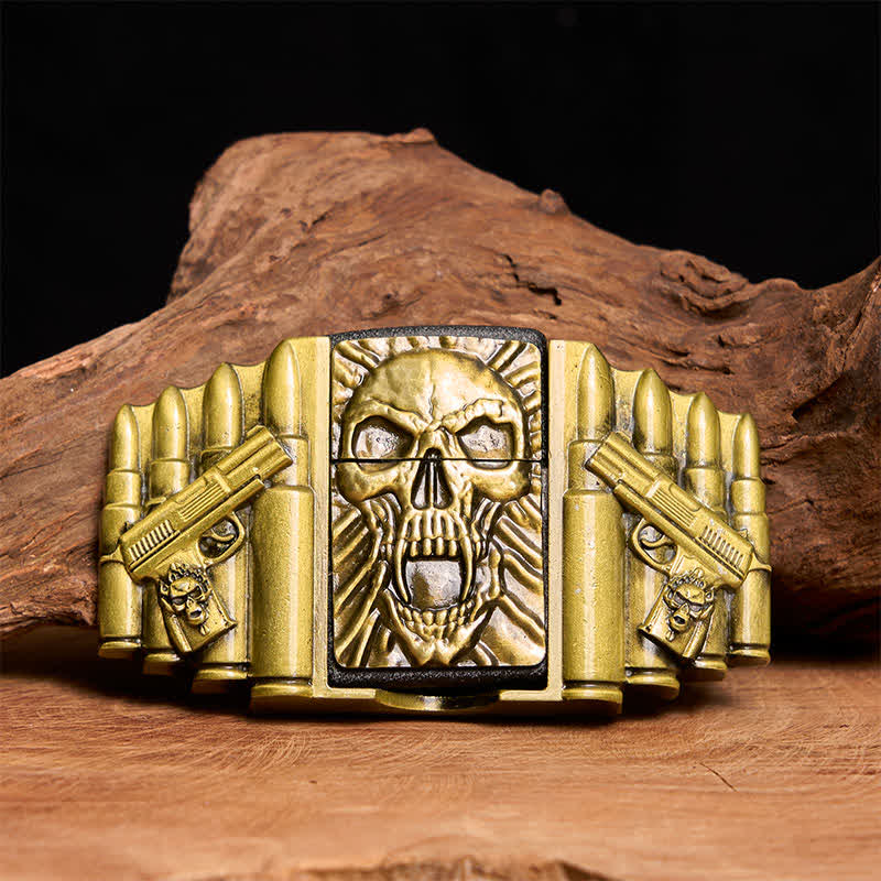 Men's DIY Bronze Scary Skull Head Leather Belt With Hidden Lighter