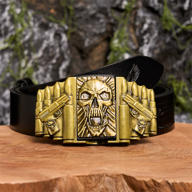 Men's DIY Bronze Scary Skull Head Leather Belt With Hidden Lighter - Image 3