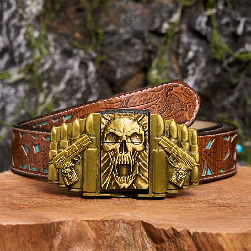 Men's DIY Bronze Scary Skull Head Leather Belt With Hidden Lighter - Image 7