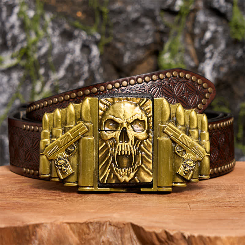 Men's DIY Bronze Scary Skull Head Leather Belt With Hidden Lighter - Image 8