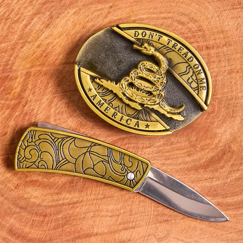 Men's DIY Bronze Snake Hidden Folding Knife Leather Belt - Image 2