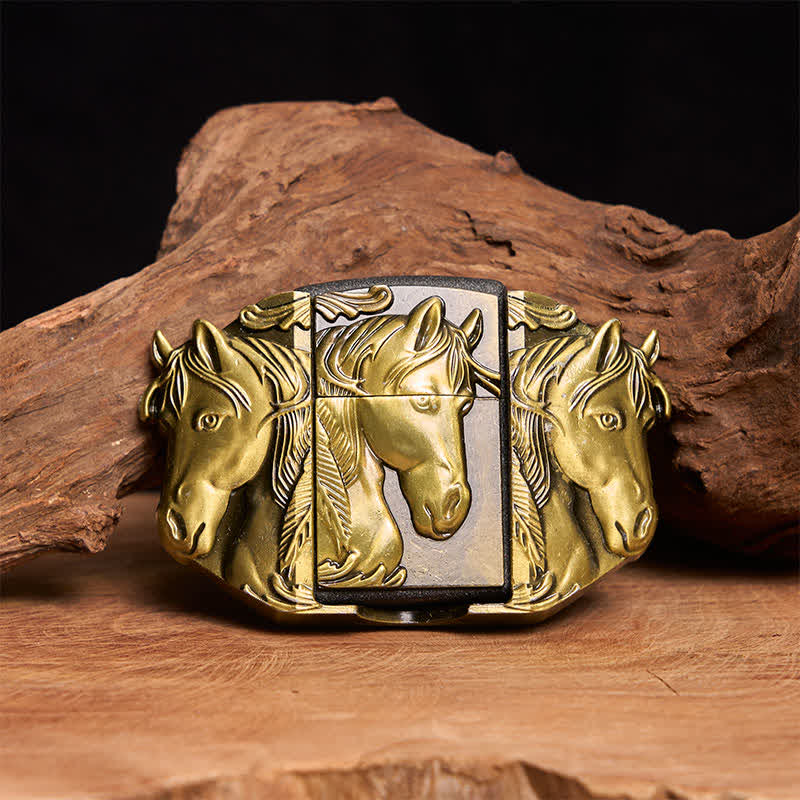 Men's DIY Bronze Triple Horses Leather Belt With Hidden Lighter