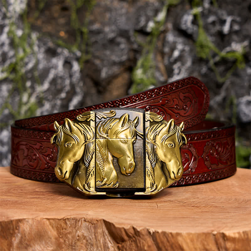 Men's DIY Bronze Triple Horses Leather Belt With Hidden Lighter - Image 10
