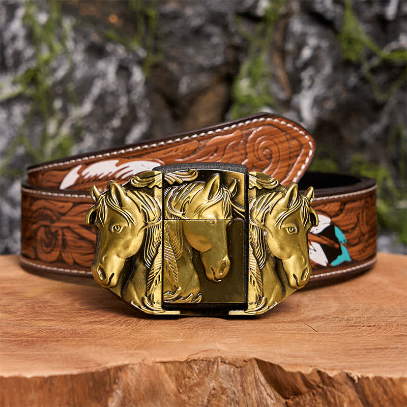 Men's DIY Bronze Triple Horses Leather Belt With Hidden Lighter - Image 11