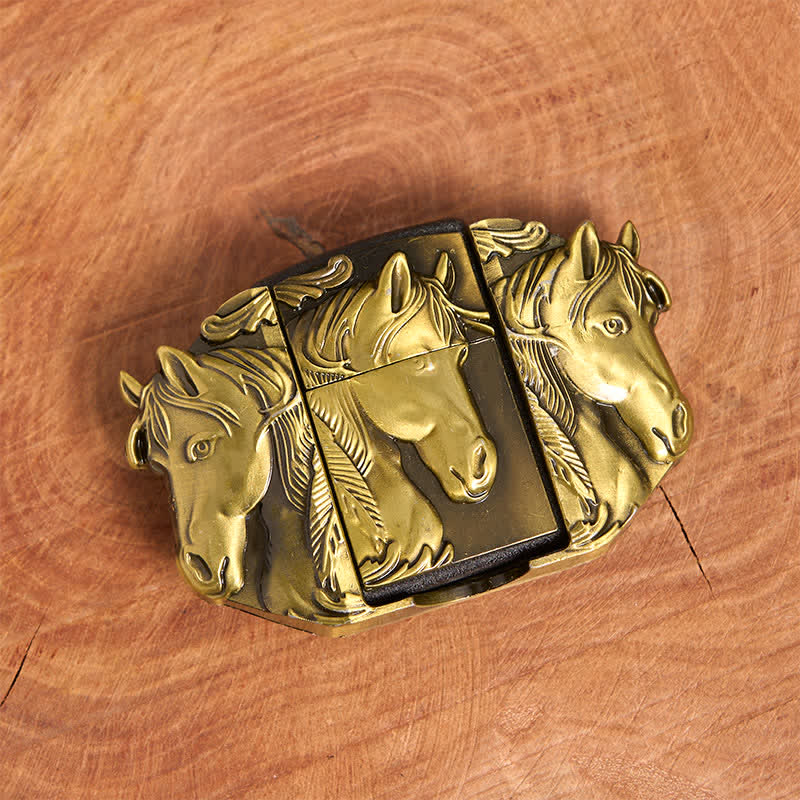 Men's DIY Bronze Triple Horses Leather Belt With Hidden Lighter - Image 4