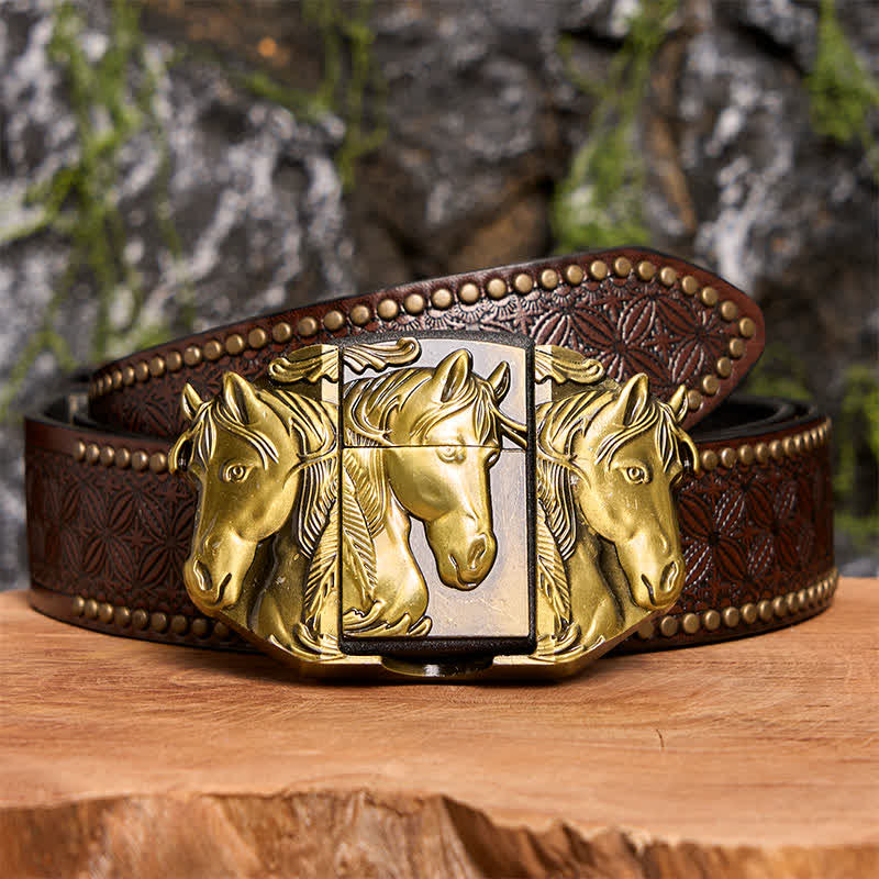 Men's DIY Bronze Triple Horses Leather Belt With Hidden Lighter - Image 8