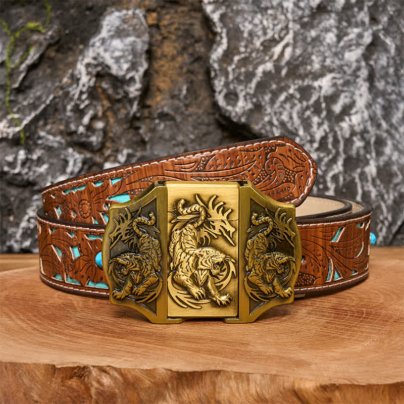 Men's DIY Bronze Triple Tiger Leather Belt with Hidden Lighter - Image 4