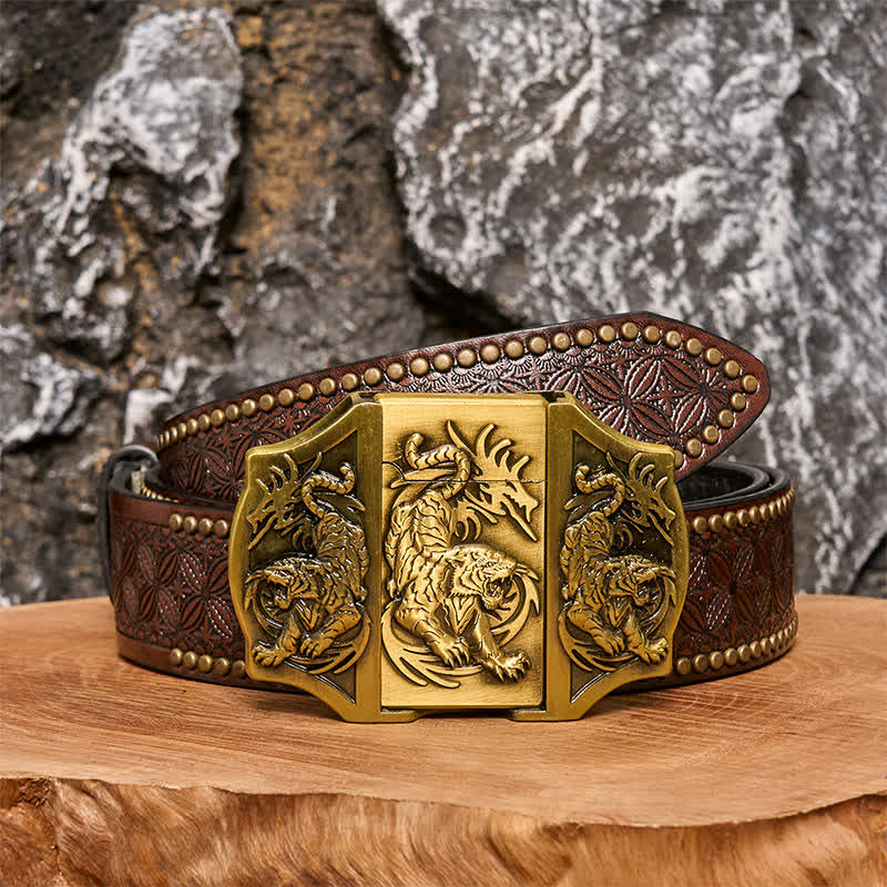Men's DIY Bronze Triple Tiger Leather Belt with Hidden Lighter - Image 5