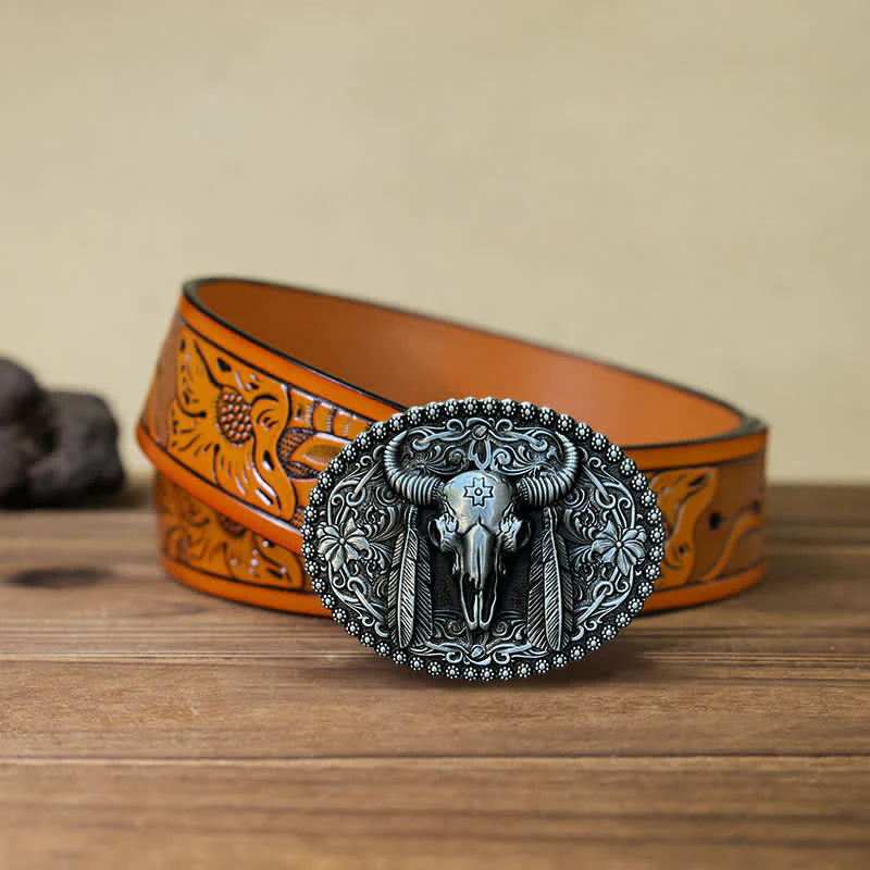 Men's DIY Bull Ethnic Feather Decor Buckle Leather Belt - Image 10