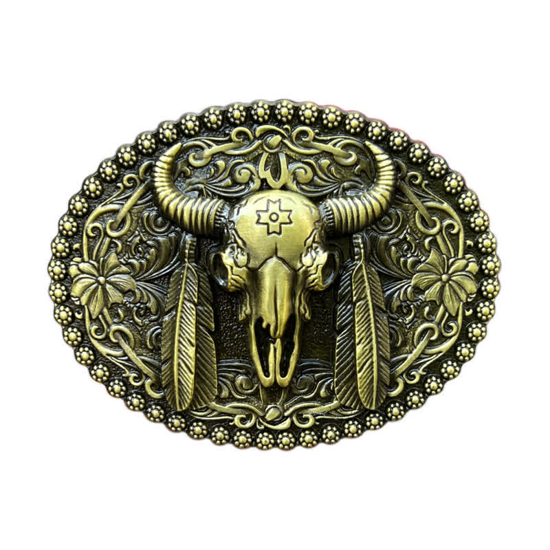 Men's DIY Bull Ethnic Feather Decor Buckle Leather Belt - Image 11