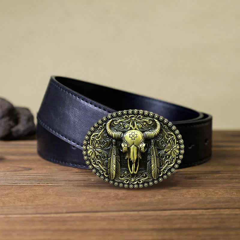 Men's DIY Bull Ethnic Feather Decor Buckle Leather Belt - Image 13
