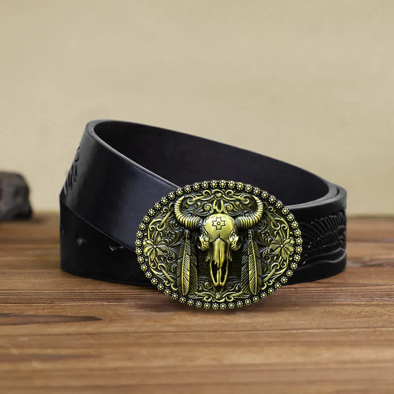 Men's DIY Bull Ethnic Feather Decor Buckle Leather Belt - Image 14