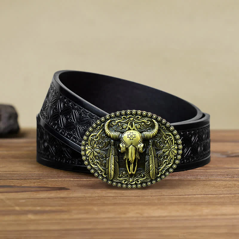 Men's DIY Bull Ethnic Feather Decor Buckle Leather Belt - Image 15