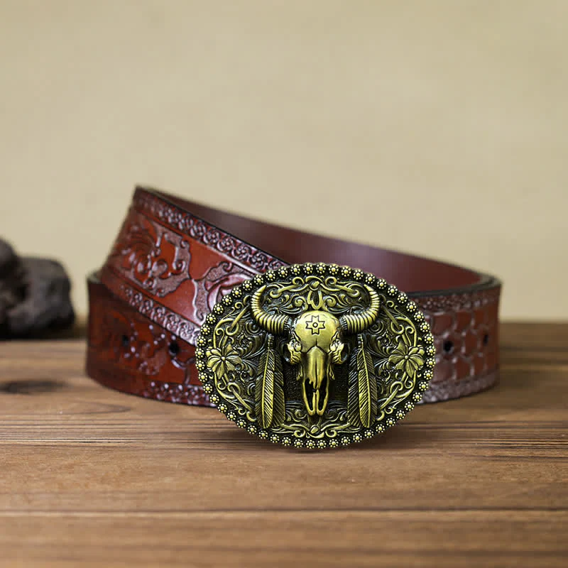 Men's DIY Bull Ethnic Feather Decor Buckle Leather Belt - Image 17