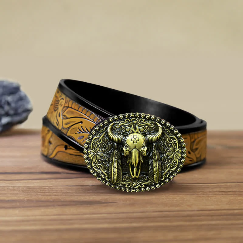 Men's DIY Bull Ethnic Feather Decor Buckle Leather Belt - Image 18