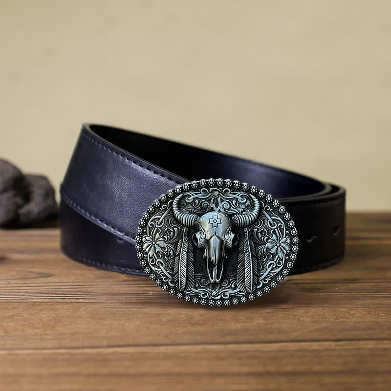 Men's DIY Bull Ethnic Feather Decor Buckle Leather Belt - Image 4