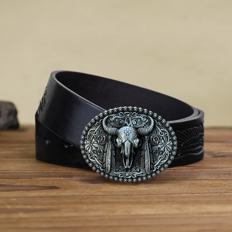 Men's DIY Bull Ethnic Feather Decor Buckle Leather Belt - Image 5