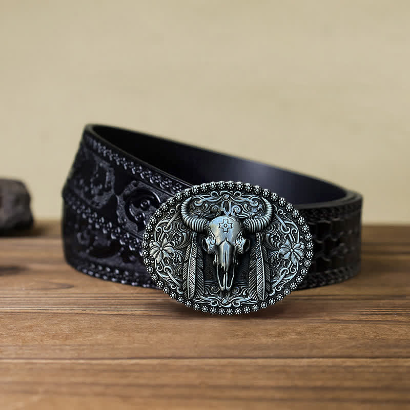 Men's DIY Bull Ethnic Feather Decor Buckle Leather Belt - Image 7