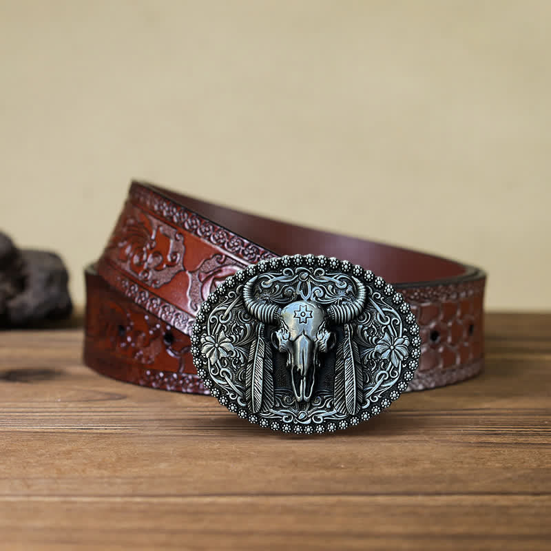 Men's DIY Bull Ethnic Feather Decor Buckle Leather Belt - Image 8