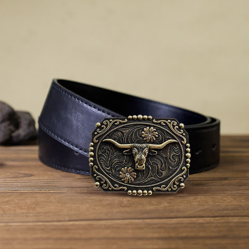 Men's DIY Bull Floral Rhinestone Buckle Leather Belt - Image 3