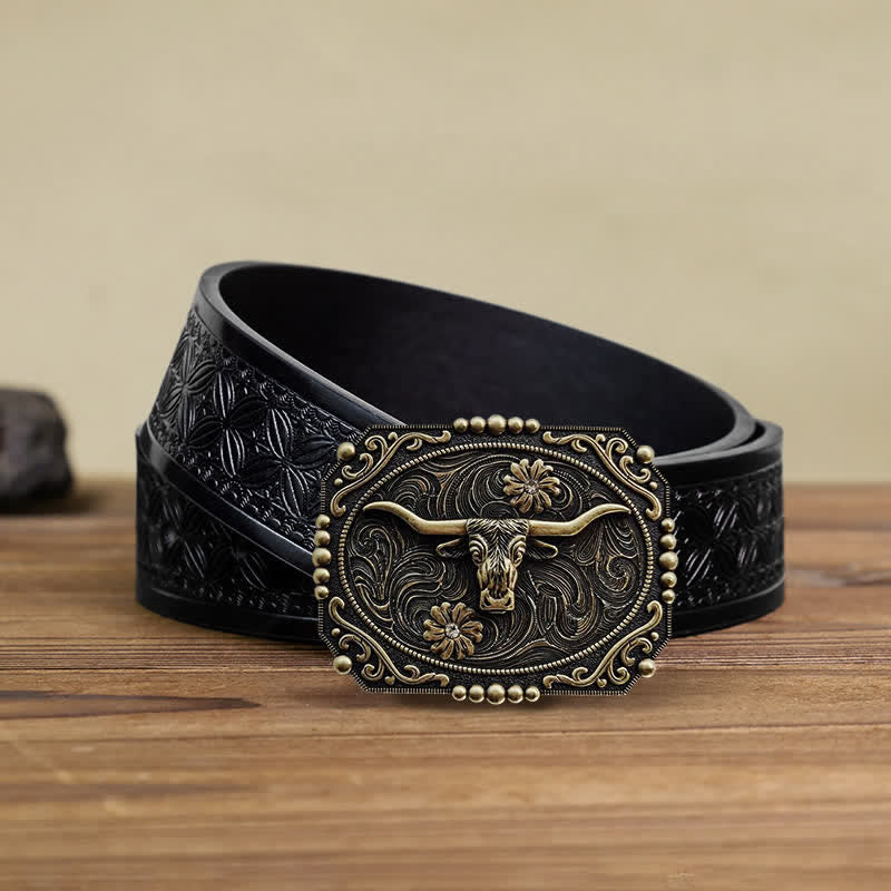 Men's DIY Bull Floral Rhinestone Buckle Leather Belt - Image 5