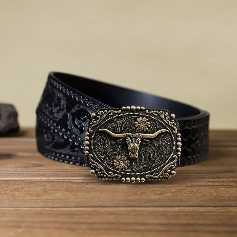 Men's DIY Bull Floral Rhinestone Buckle Leather Belt - Image 6