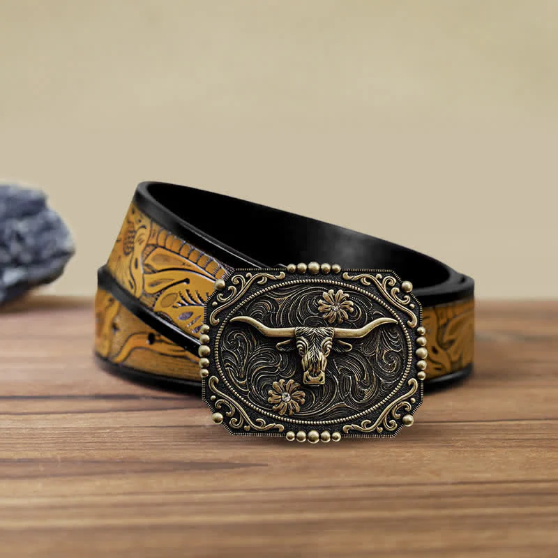 Men's DIY Bull Floral Rhinestone Buckle Leather Belt - Image 8