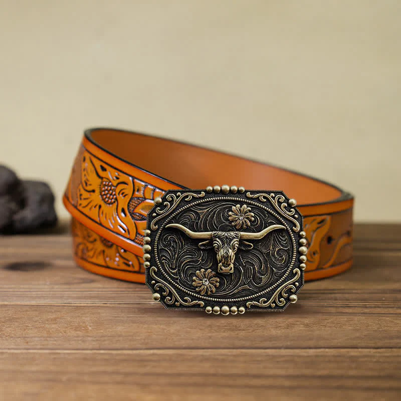 Men's DIY Bull Floral Rhinestone Buckle Leather Belt - Image 9