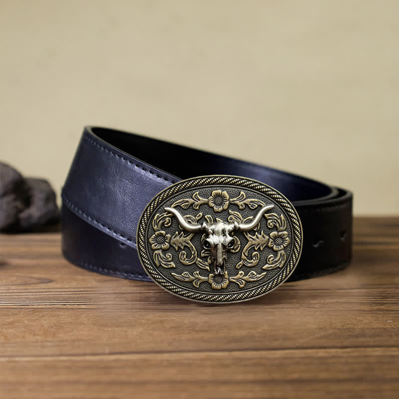 Men's DIY Bull Head Flower Carving Buckle Leather Belt - Image 4