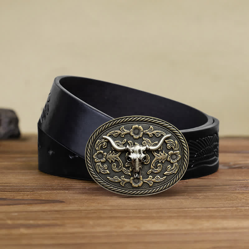 Men's DIY Bull Head Flower Carving Buckle Leather Belt - Image 5