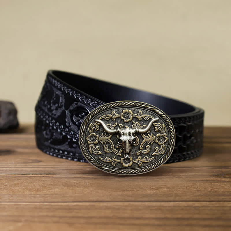 Men's DIY Bull Head Flower Carving Buckle Leather Belt - Image 7