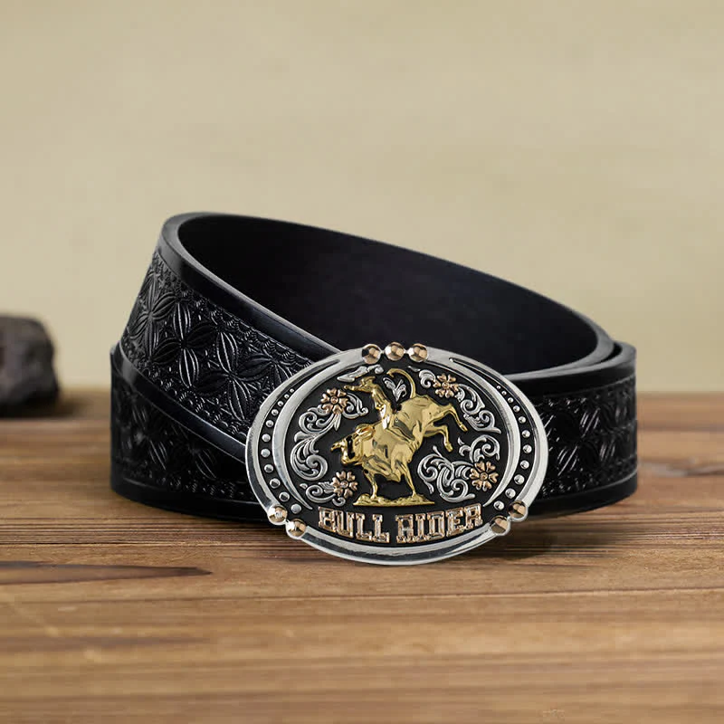 Men's DIY Bull Rider Two Tone Buckle Leather Belt - Image 6