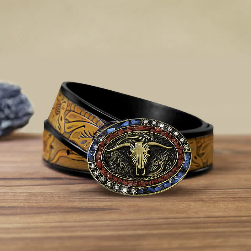 Men's DIY Burgundy & Blue Stones Bull Buckle Leather Belt - Image 10