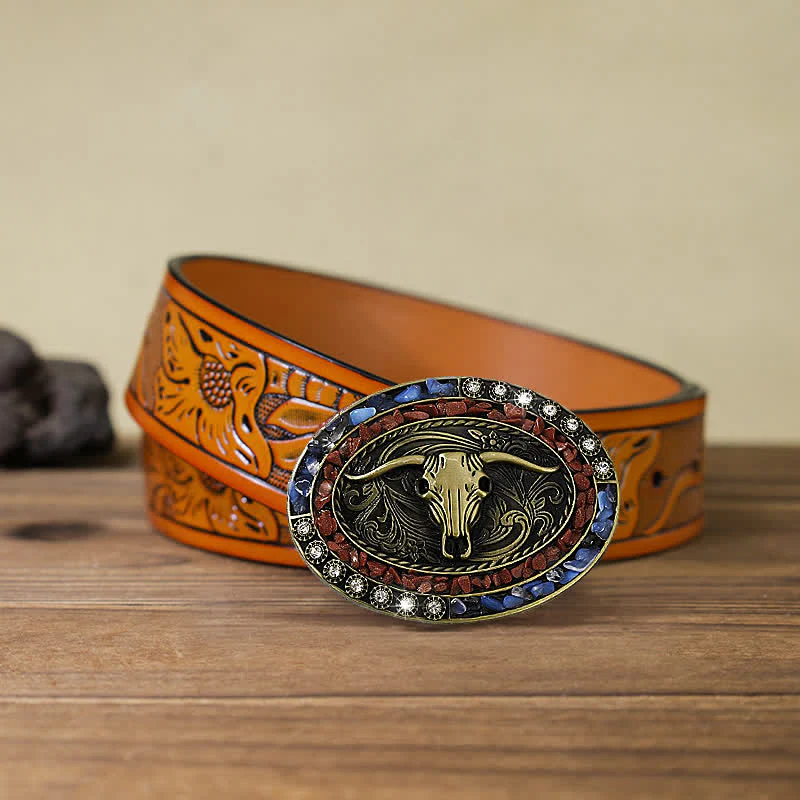 Men's DIY Burgundy & Blue Stones Bull Buckle Leather Belt - Image 11