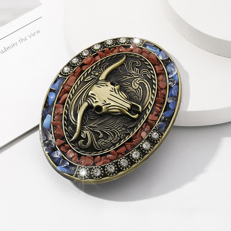 Men's DIY Burgundy & Blue Stones Bull Buckle Leather Belt - Image 4