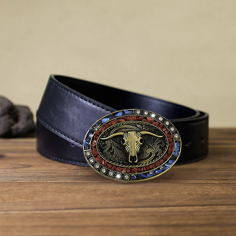 Men's DIY Burgundy & Blue Stones Bull Buckle Leather Belt - Image 5