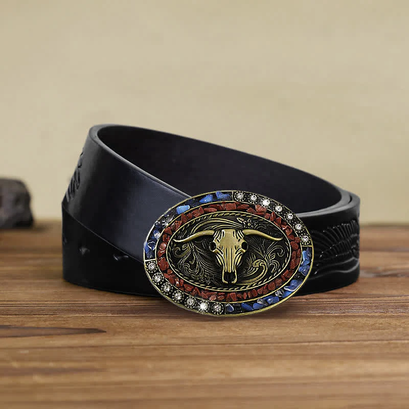 Men's DIY Burgundy & Blue Stones Bull Buckle Leather Belt - Image 6