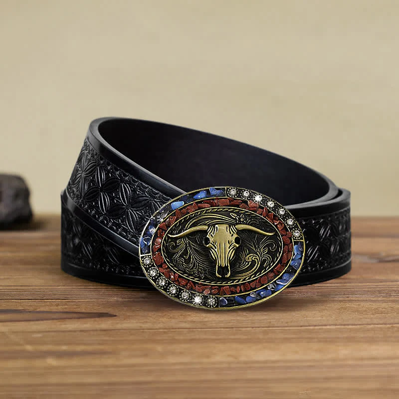 Men's DIY Burgundy & Blue Stones Bull Buckle Leather Belt - Image 7