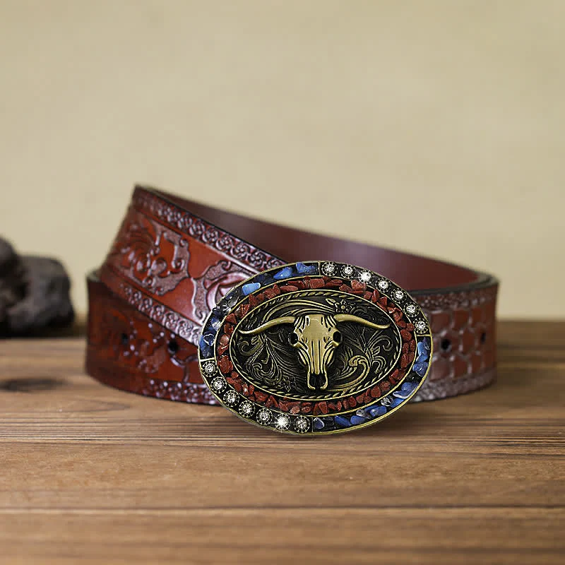 Men's DIY Burgundy & Blue Stones Bull Buckle Leather Belt - Image 9