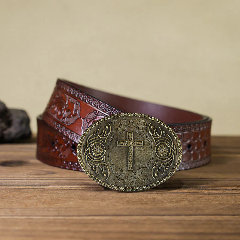 Men's DIY Carved Cross Flower Buckle Leather Belt - Image 11