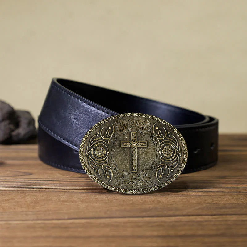 Men's DIY Carved Cross Flower Buckle Leather Belt - Image 3