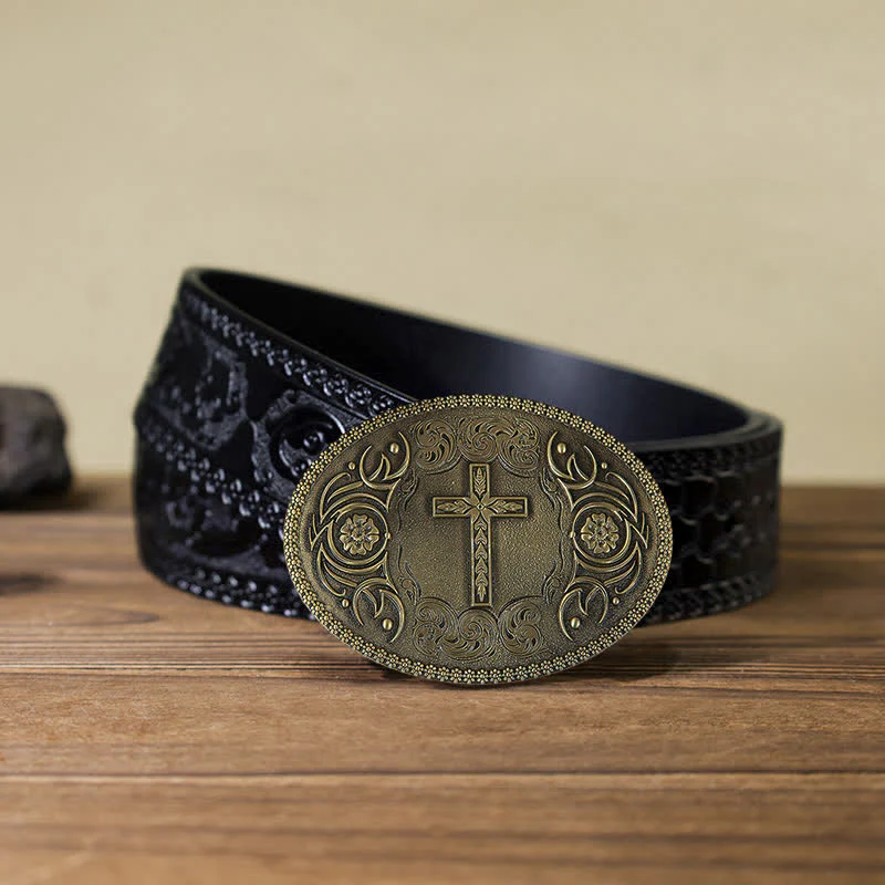 Men's DIY Carved Cross Flower Buckle Leather Belt - Image 9