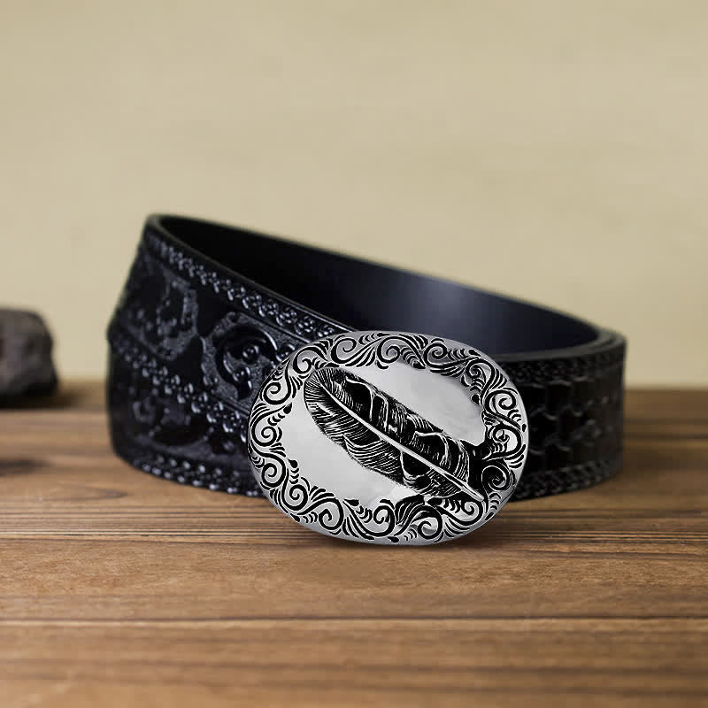 Men's DIY Charming Carved Feather Buckle Leather Belt - Image 9