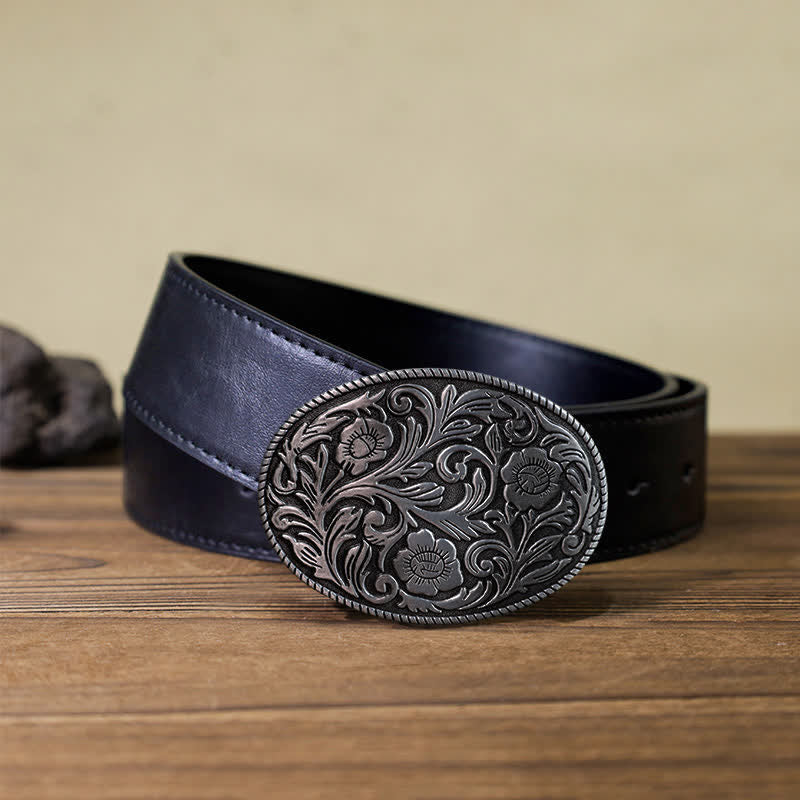 Men's DIY Classical Floral Oval Buckle Leather Belt - Image 5