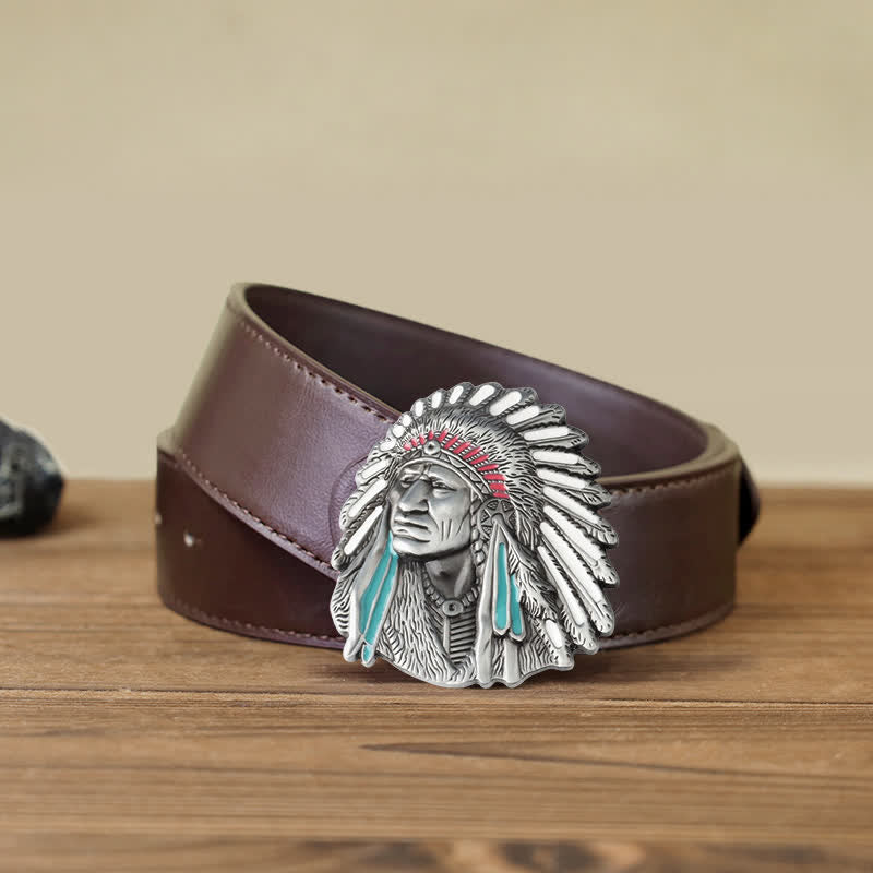 Men's DIY Colored Indian Chief Buckle Leather Belt - Image 13