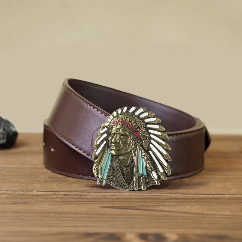 Men's DIY Colored Indian Chief Buckle Leather Belt - Image 14