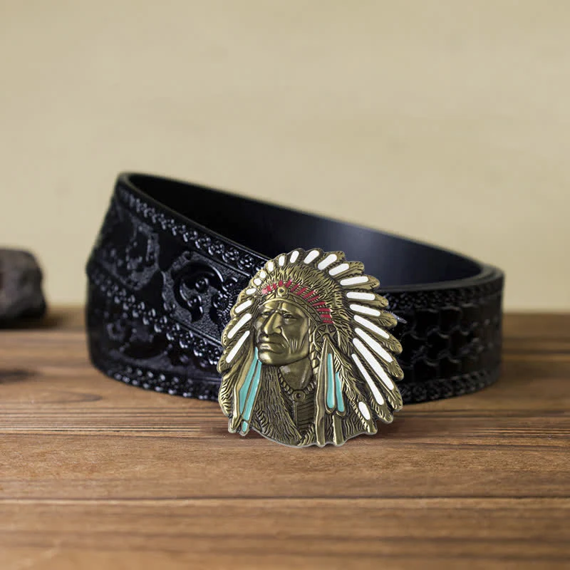 Men's DIY Colored Indian Chief Buckle Leather Belt - Image 17