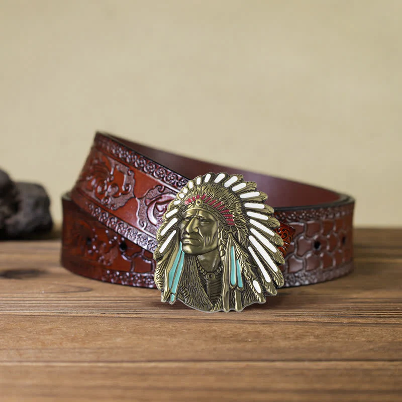 Men's DIY Colored Indian Chief Buckle Leather Belt - Image 20