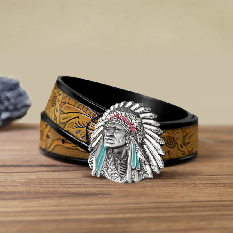 Men's DIY Colored Indian Chief Buckle Leather Belt - Image 22